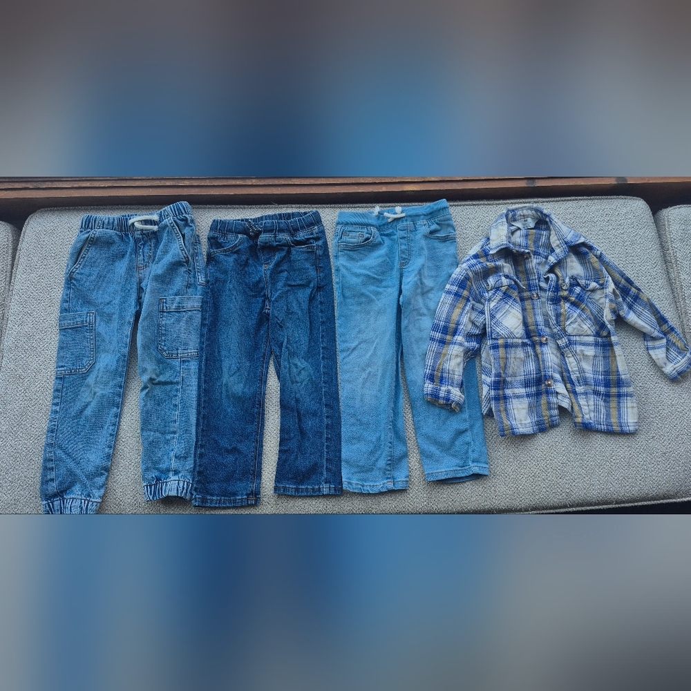 Toddler Boy Jeans and Plaid Shirt Set (Mix Brands) 4T
